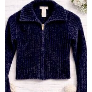 Tommy Bahama Girls Chenille Zip Up Sweater Jacket Navy Blue Ribbed Kids Size M